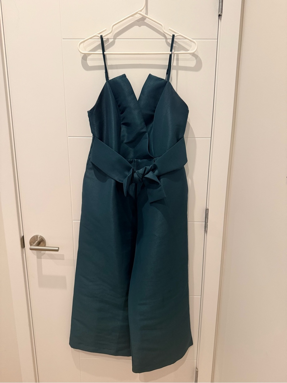 ASOS Teal Satin V-Neck Wide-Leg Jumpsuit with Waist Tie